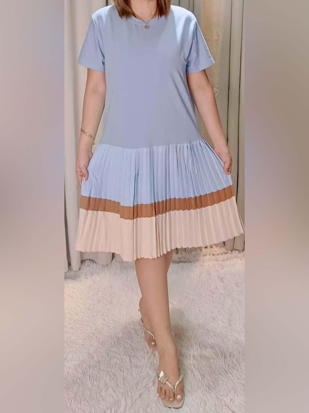 Pleated Colorblock Women’s Dress in Light Blue, Brown & Cream